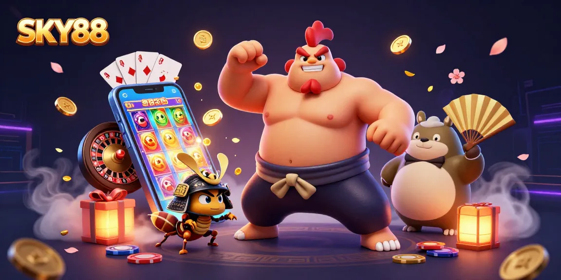 Engage in thrilling gaming adventures at SKY88 with dynamic character scenes in a vibrant casino environment.