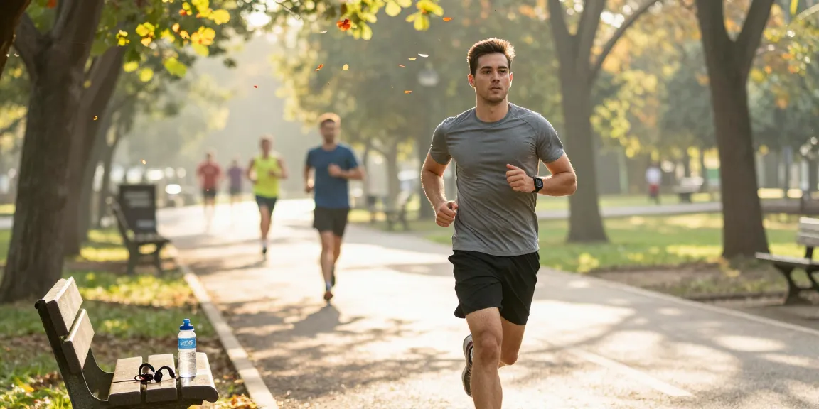 Runner monitoring heart rate with health tracker in vibrant park.