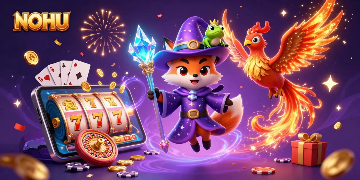 Join the gaming excitement at NOHU with a vibrant 3D illustration showcasing casino elements and mystical characters.
