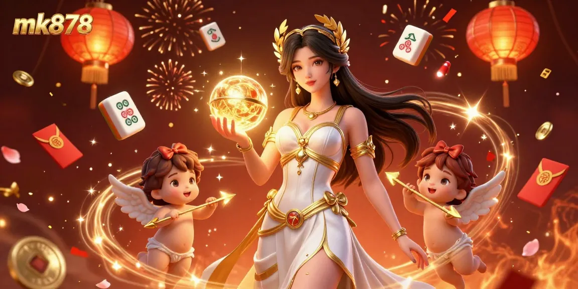 Experience thrilling entertainment on mk878, featuring a stunning goddess, Cupid cherubs, and festive casino elements.