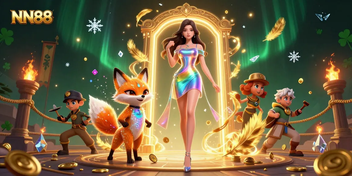 Experience the vibrant world of NN88's online casino with a stunning 3D illustration featuring dynamic characters and colorful gaming elements.