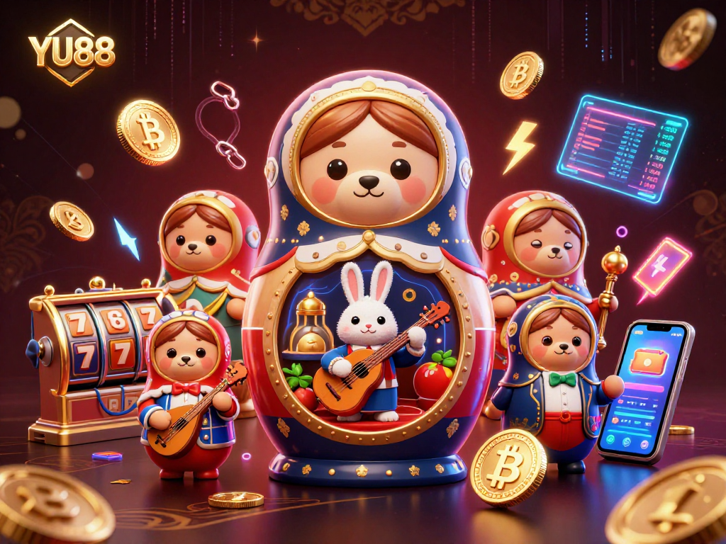 Experience the thrilling casino atmosphere with YU88 in a vibrant 3D illustration filled with playful characters and crypto elements.