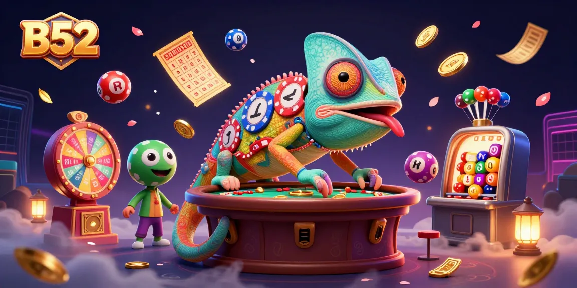 B52 enthralls players in a vibrant casino scene, featuring a flamboyant chameleon owner amid a dynamic lottery celebration.
