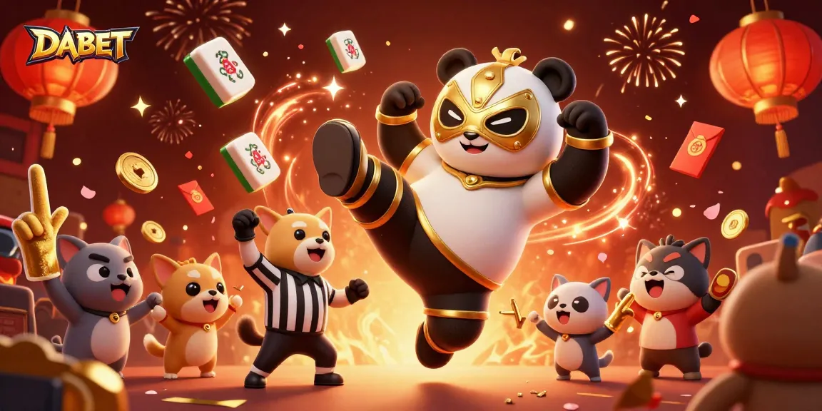 DABET delivers thrilling gaming experiences with a festive cartoon scene featuring a panda wrestler and vibrant casino elements.