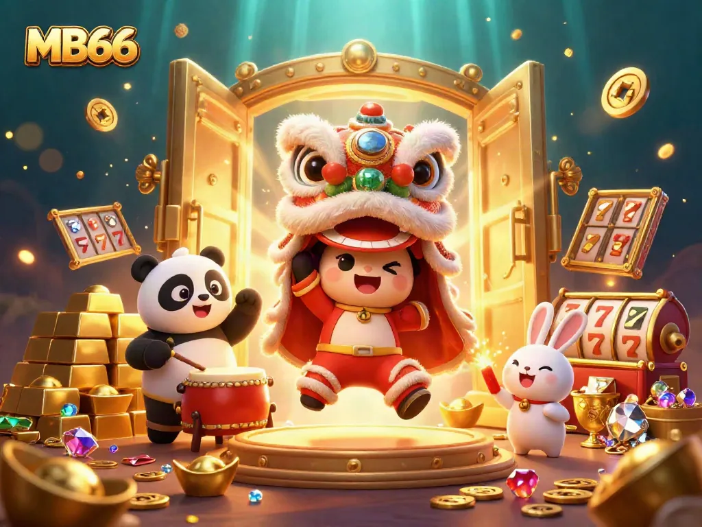 Engage with MB66 in a vibrant casino-themed scene featuring lively characters and sparkling treasures.