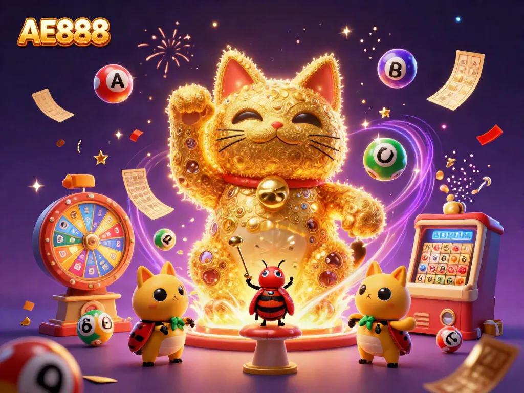 Experience thrilling gameplay with the AE888 lucky cat and vibrant casino elements in this captivating illustration.