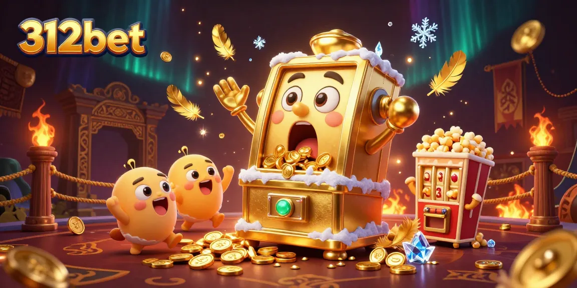 Spin the 312bet slots for a jackpot with golden slot machines celebrating in a vibrant casino scene.