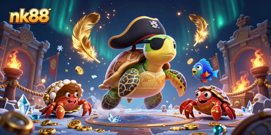 Experience thrilling gameplay with nk88's vibrant 3D casino scene featuring pirate turtle and treasure elements.