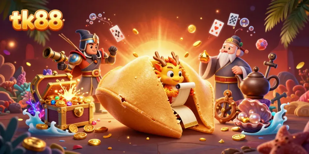 Engage in gaming action with tk88's vibrant 3D casino-themed artwork, showcasing characters and treasures.