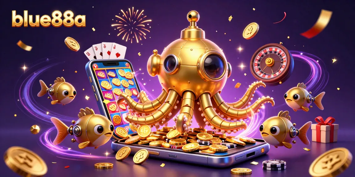 Experience gaming thrills with blue88a, featuring a golden kraken submarine and vibrant slot games.