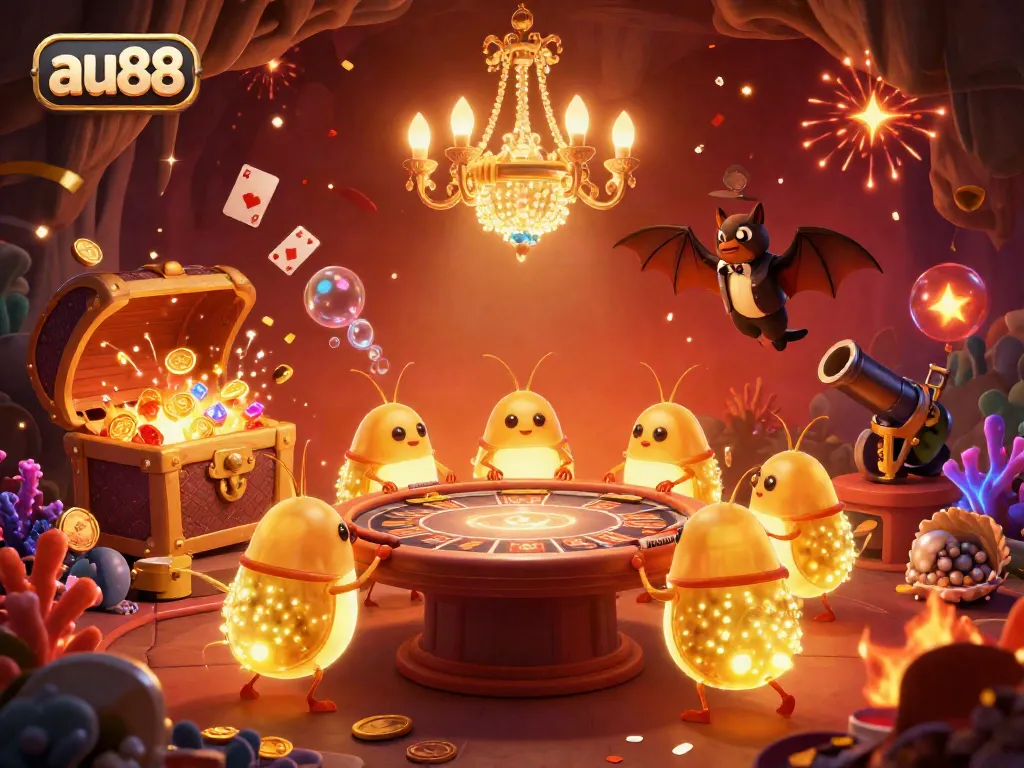 Experience the vibrant casino atmosphere with au88 as glowing creatures illuminate a dynamic game scene filled with treasures.