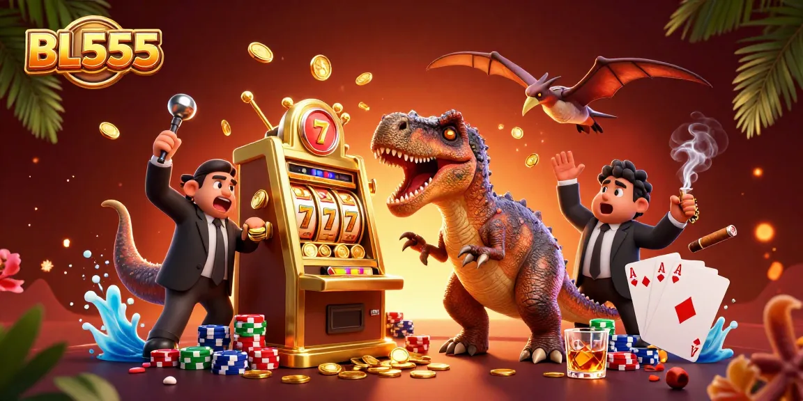 Experience BL555's thrilling jackpot moments with a cartoon dinosaur enabling wins at the casino.