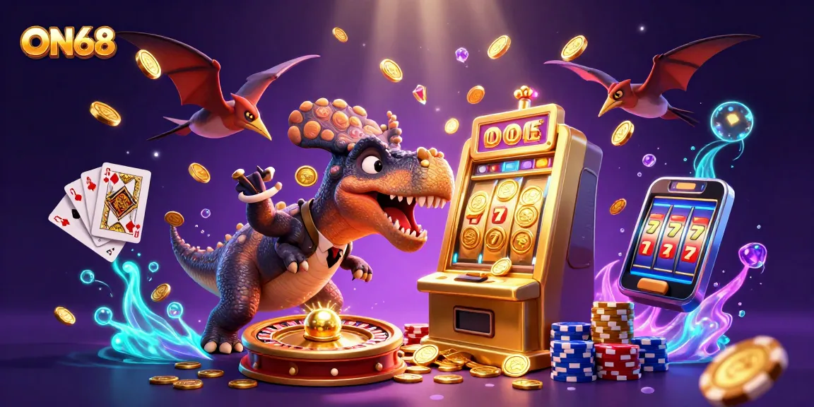Experience ON68's thrilling slots with dinosaurs and vibrant casino action.