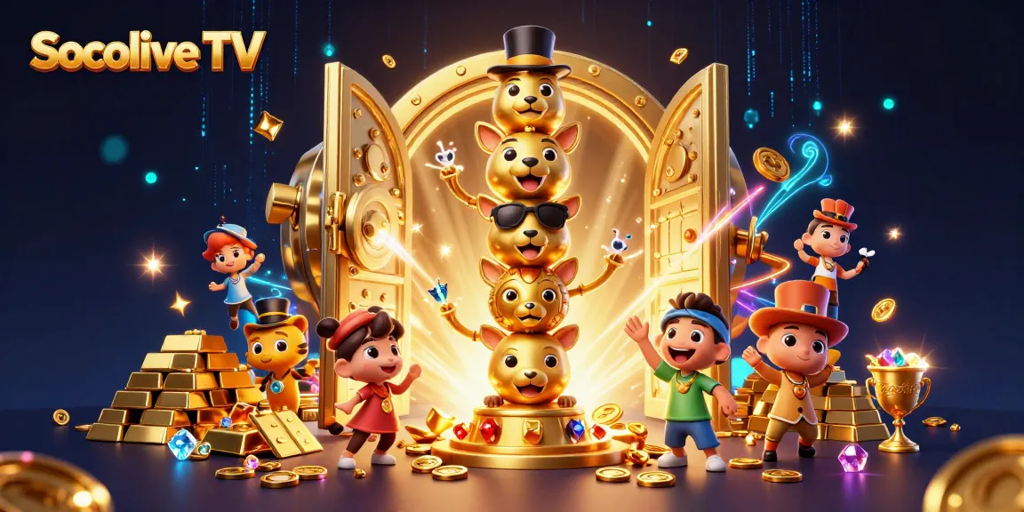 Socolive TV showcases a vibrant illustration of a golden totem pole with casino elements, surrounded by treasures and dynamic effects.