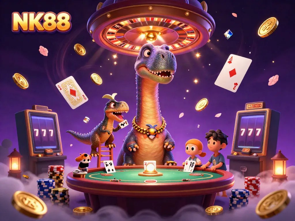 Witness NK88 in a vibrant casino scene, where a brontosaurus watches as a raptor deals cards.