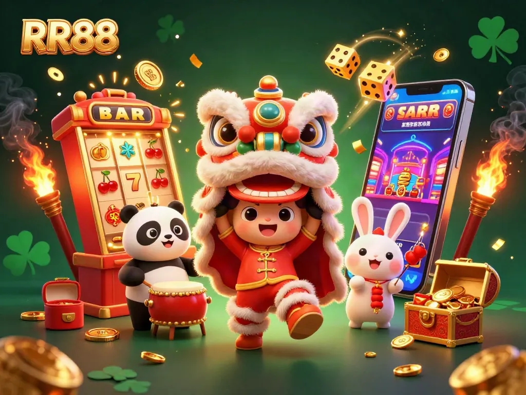 Experience the excitement of RR88 with colorful slot games and vibrant action in a lively 3D scene.