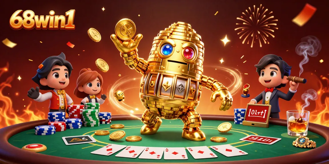 Experience the excitement of 68win1's casino world with a golden golem and poker elements.