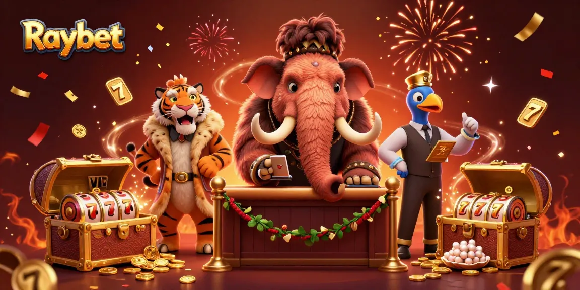 Raybet's vibrant casino scene showcases players spinning slots and celebrating wins amidst colorful confetti.