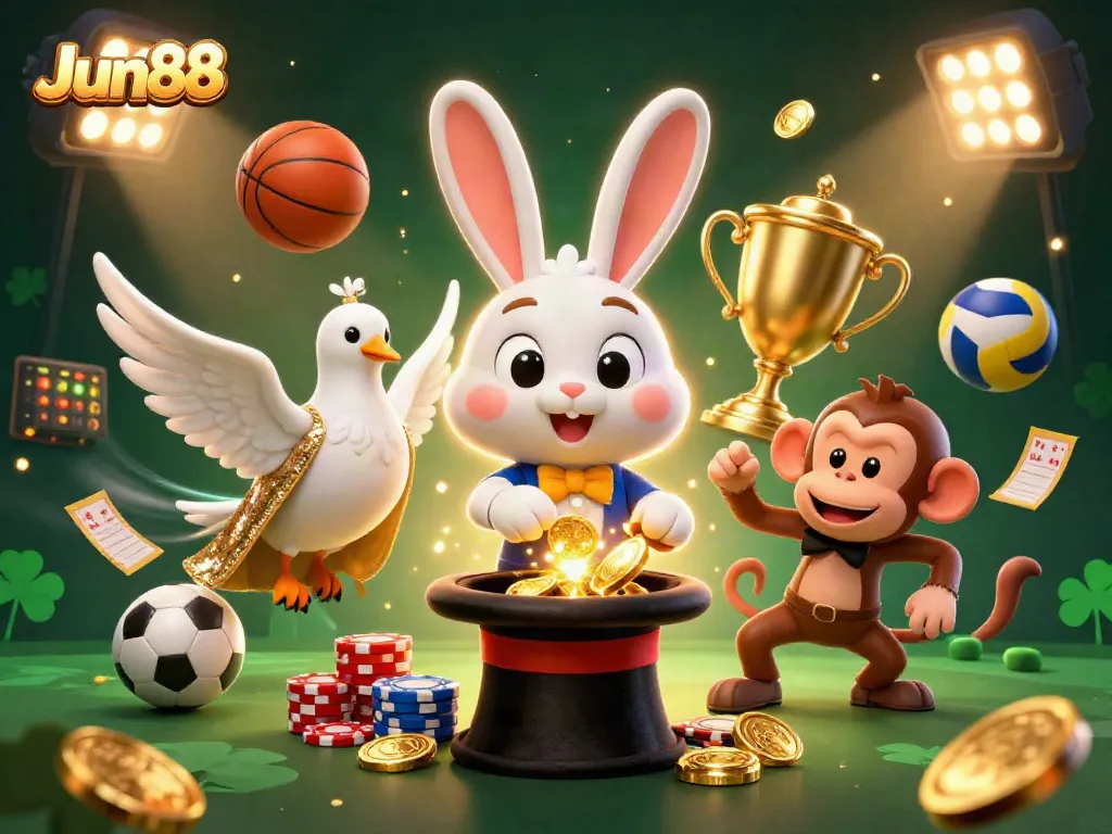 Jun88 offers a magical casino experience with a rabbit, dove, and monkey amidst vibrant gaming elements.