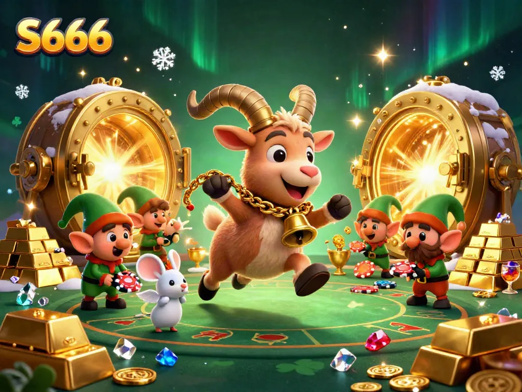 S666 casino scene with Krampus goat, angel mouse, and elf gremlins creating festive chaos while gambling.