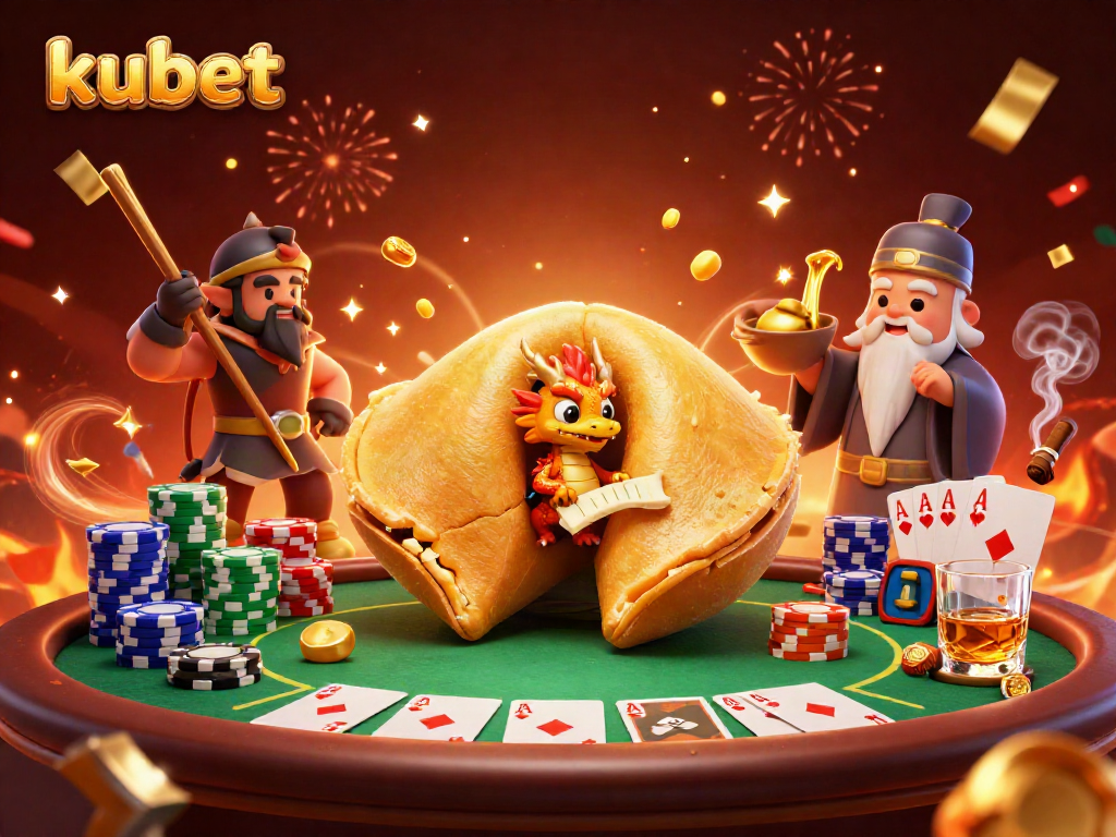 Experience thrilling gaming at kubet with a vibrant casino scene highlighted by fortune cookies and poker elements.