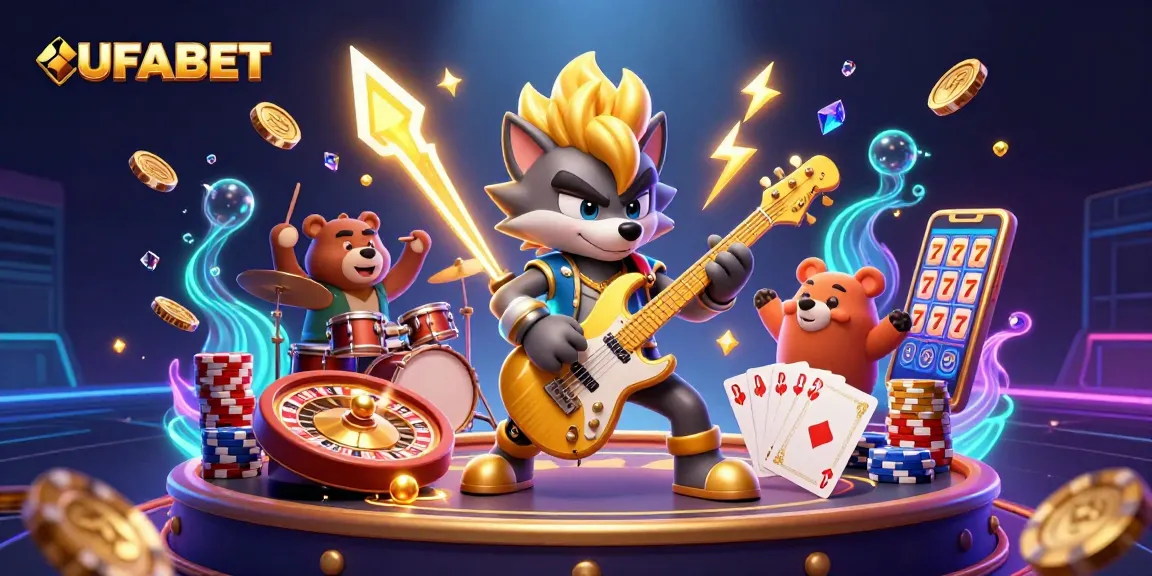 Win big at UFABET with an electrifying 3D cartoon casino scene featuring a rock star wolf and drummer bear!