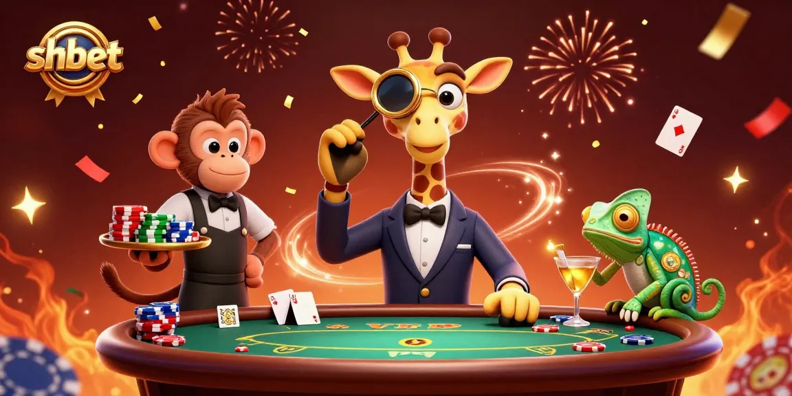 Experience SHBET's vibrant casino world featuring a giraffe at a poker table.