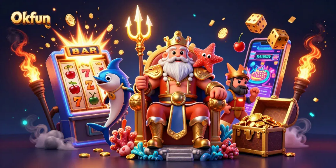 Spin the reels and win with Okfun's vibrant 3D casino scene featuring slot machines and gold!