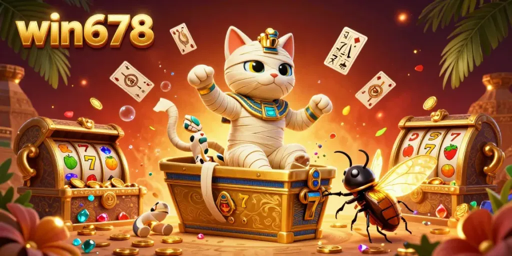 Experience thrilling gameplay with win678 as the Egyptian mummy cat entertains in a vibrant casino.