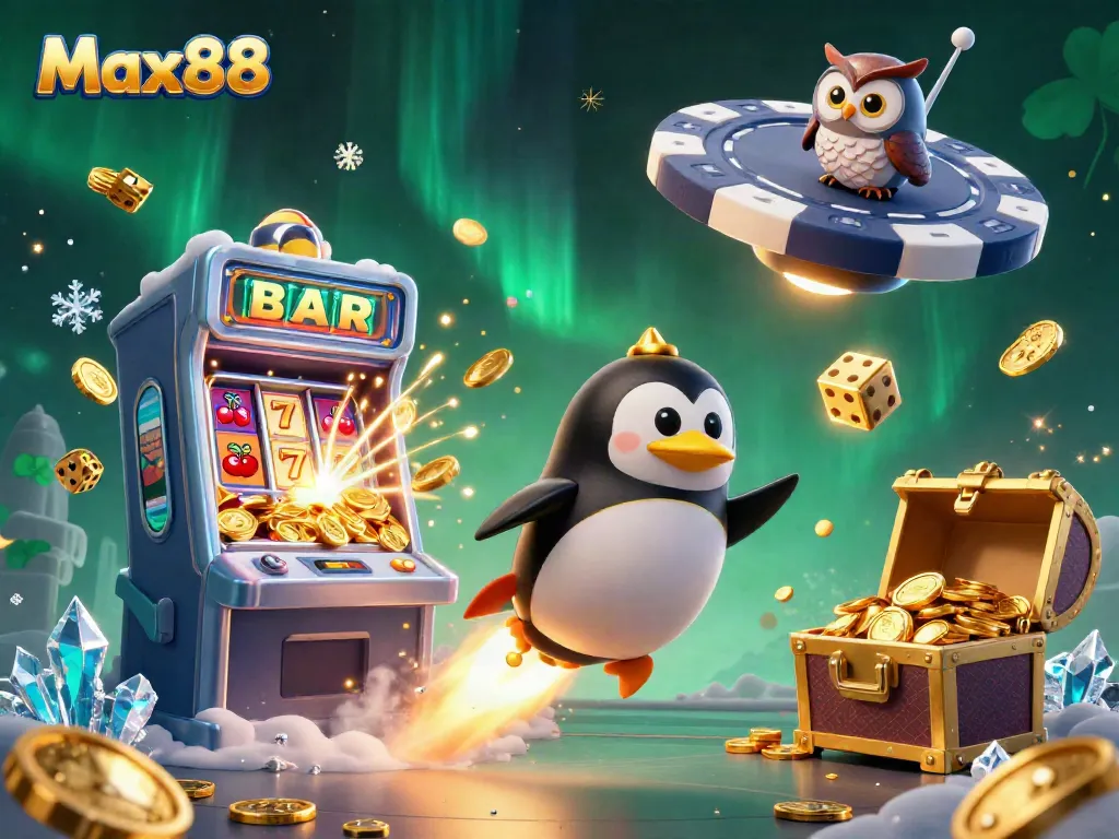 Experience the vibrant world of Max88, with a golden penguin leading the way through a casino-themed universe filled with jackpots and excitement.
