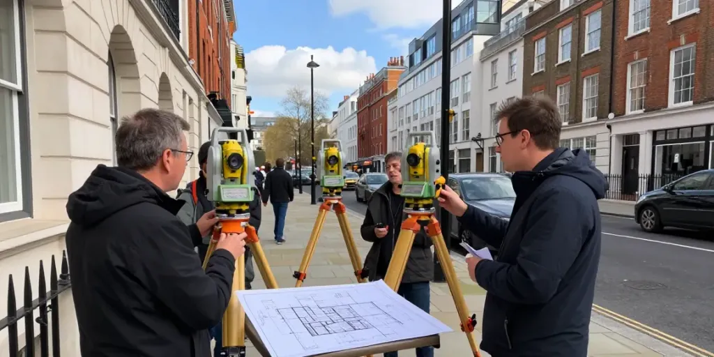 Measured Building Survey Surrey team using advanced equipment in London street.