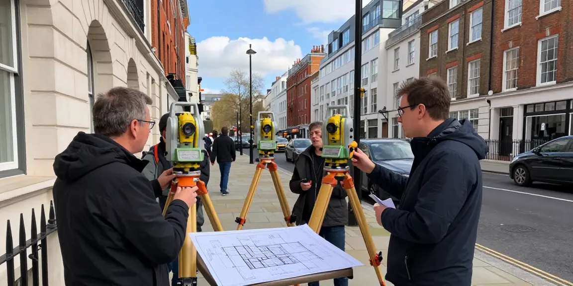 Measured Building Survey Surrey team using advanced equipment in London street.