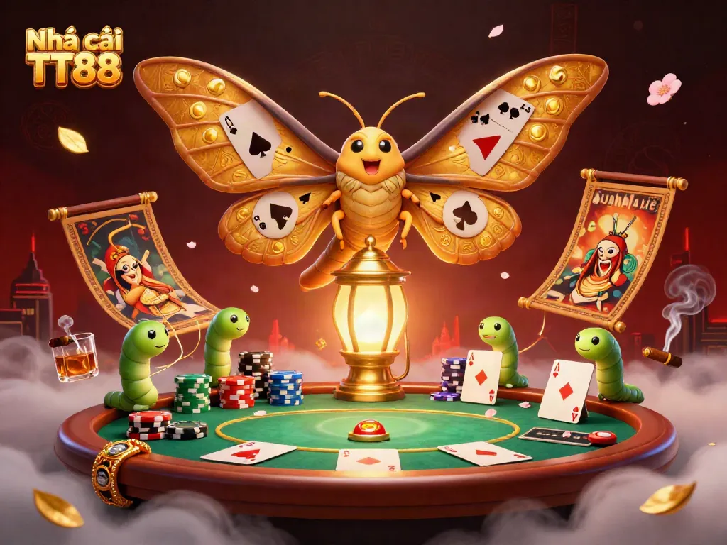Play exciting games at Nhà cái TT88 with a vibrant 3D casino scene featuring a golden moth, poker, and more.