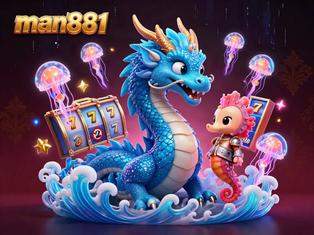Play exciting games on man881 as a 3D dragon and seahorse delve into the thrill of slots.