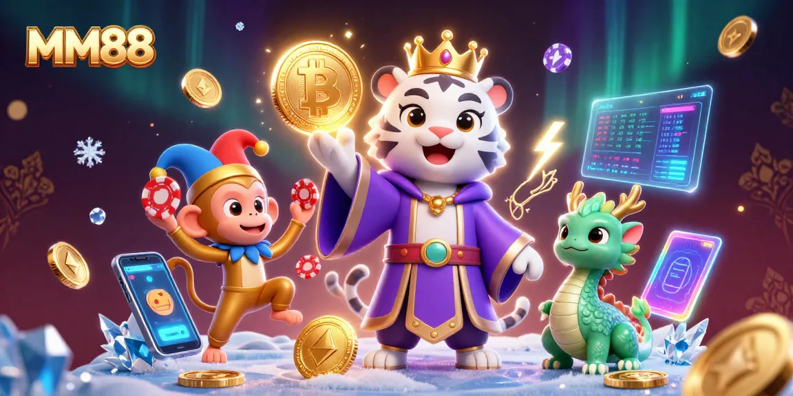 Engage with MM88's vibrant 3D casino illustration showcasing dynamic characters and crypto elements.
