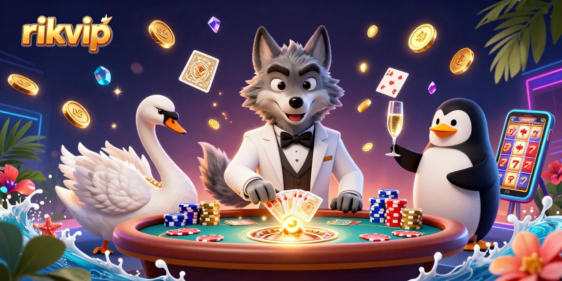 rikvip immerses players in a dynamic casino scene with cartoon characters and vibrant gaming elements.
