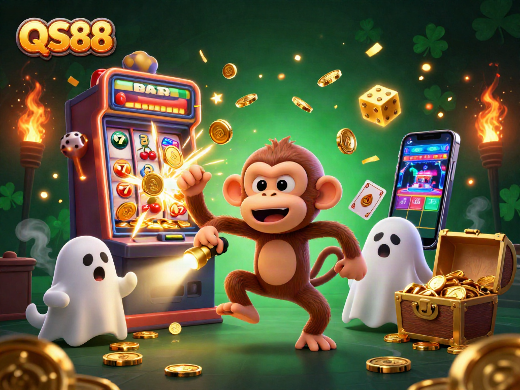 Experience QS88 thrills with a lively 3D casino scene featuring juggled golden coins and an adventurous puppy.