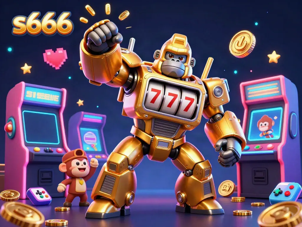 Engage with thrilling s666 gaming adventures featuring a golden gorilla mech and vibrant casino elements.