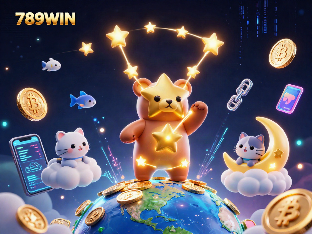 Immerse in 789WIN's thrilling experience with a vibrant, cosmic casino scene of stars and coins.
