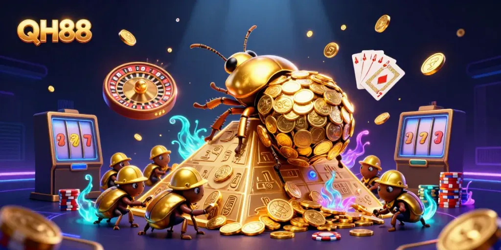Experience QH88 with a golden beetle rolling coins up a pyramid in a vibrant casino scene.