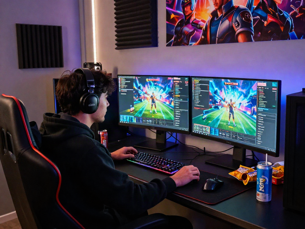Engaged gamer immersed in porngames, dual monitors showcasing vibrant gameplay and chat interactions in a dynamic gaming atmosphere.