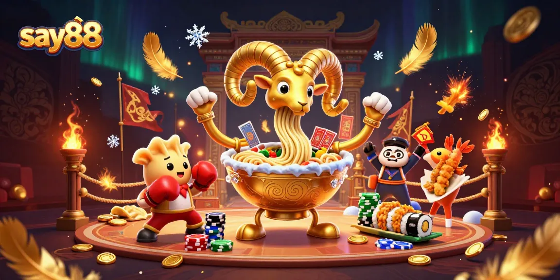 Engage with say88, the vibrant world of gambling featuring a golden ramen bowl dealer amidst festive casino elements.