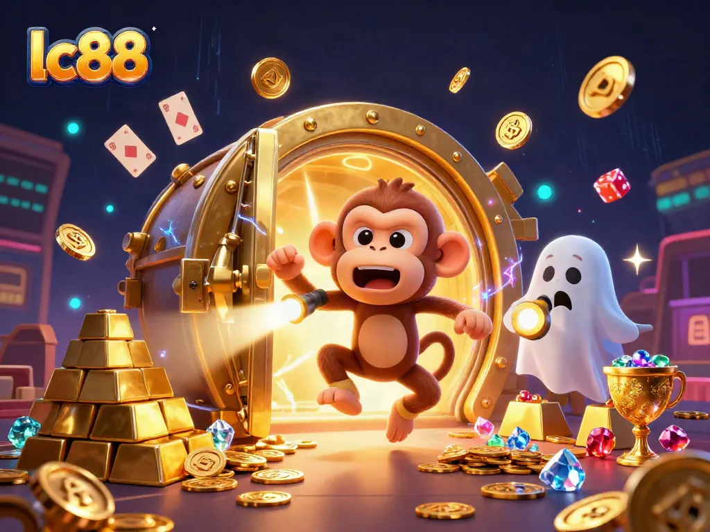 Experience the fun of lc88 online gaming with a lively casino scene featuring playful characters and golden treasures.