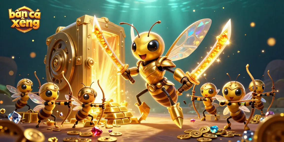 Engage in bắn cá xèng with this vibrant 3D illustration showcasing a hornet samurai among treasures.