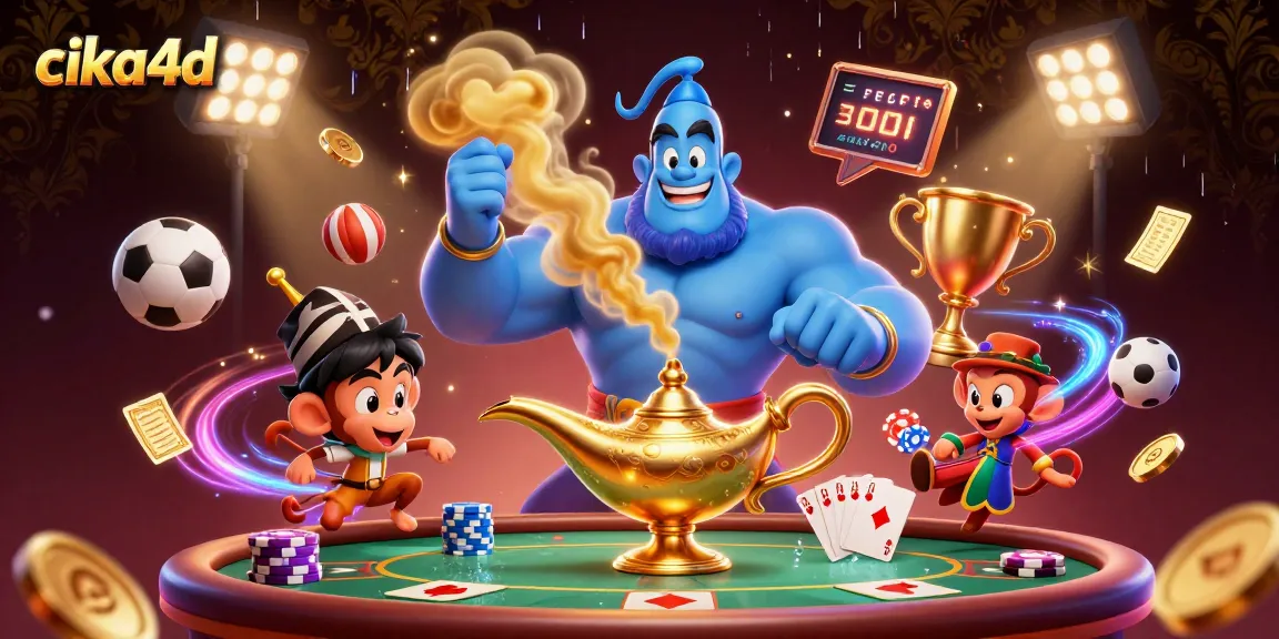 Cika4d offers an engaging 3D depiction with a genie and poker elements for a thrilling casino experience.