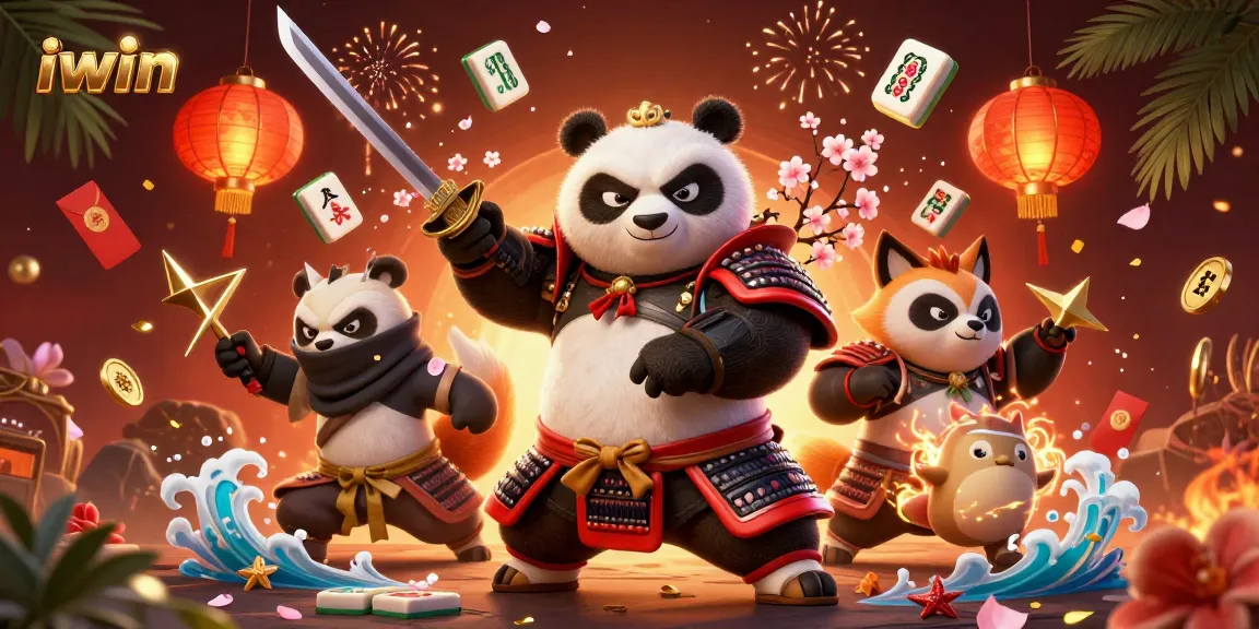 Experience thrilling iwin casino action with vibrant samurai panda and neon slot elements.