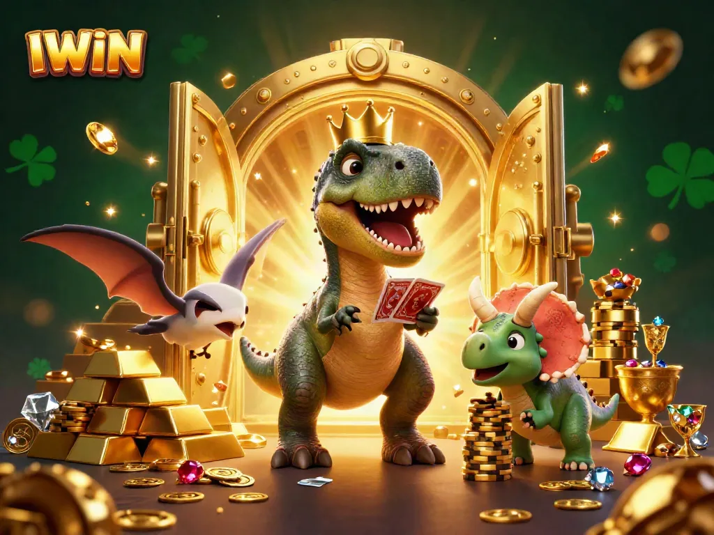 IWIN's entertaining casino adventure with a friendly T-Rex and lively characters in a vibrant, richly detailed scene.