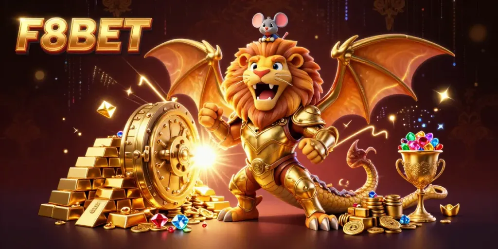 Experience F8BET's triumph with a golden chimera and treasures in a vibrant casino scene.