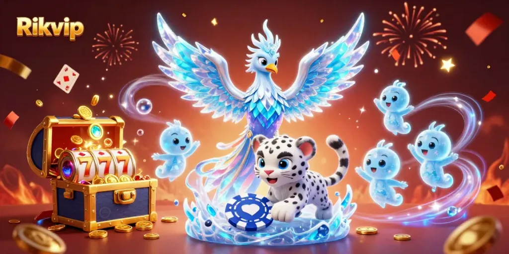 Experience the lively atmosphere of Rikvip with a vibrant ice phoenix and rich casino elements.