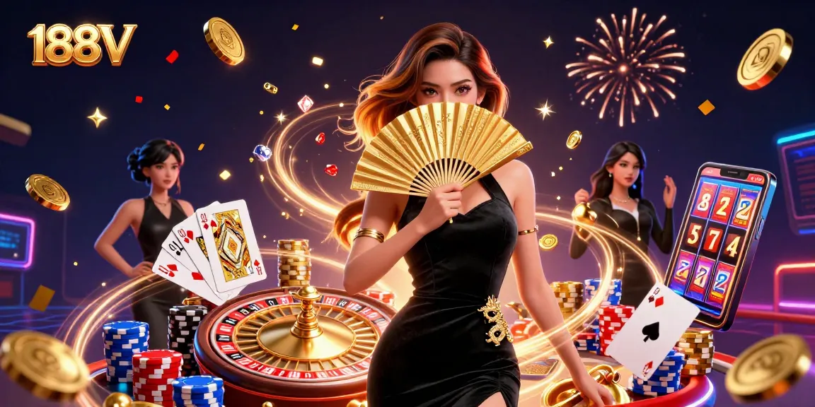 Experience the thrill of winning with 188V's stunning casino illustration featuring spinning slots and vibrant action.